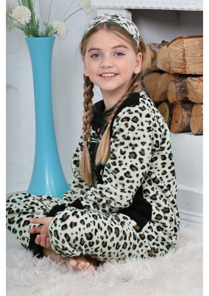 Kız Çocuk Leopar Desenli Göz Bantlı Peluş Polar Pijama Takımı fiyatları