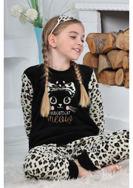 Kız Çocuk Leopar Desenli Göz Bantlı Peluş Polar Pijama Takımı modelleri