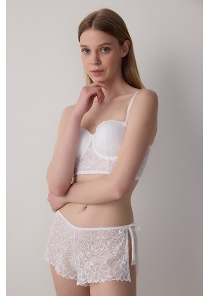 Kırık Beyaz Çiçekli Dantelli Push Up Gelin Crop Büstiyer