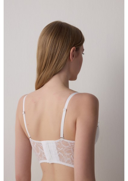 Kırık Beyaz Çiçekli Dantelli Push Up Gelin Crop Büstiyer modelleri