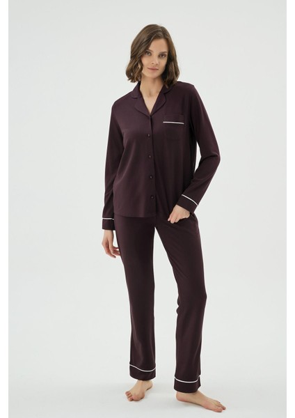 Kadın Koyu Mor Renk Uzun Kollu Gömlek Yaka Düğmeli Pijama Takımı C3T3N171