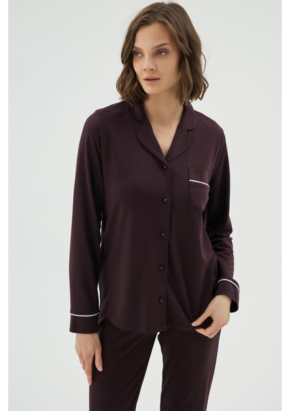 Kadın Koyu Mor Renk Uzun Kollu Gömlek Yaka Düğmeli Pijama Takımı C3T3N171 fiyatları