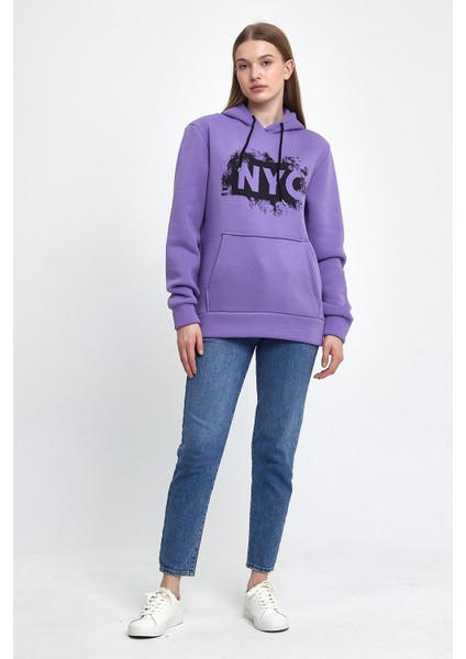 Kadın Kapşonlu Rahat Kalıp Içi Polarlı 3 Iplik Nyc Baskılı Sweatshırt SPR24SWK09