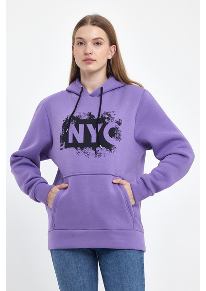 Kadın Kapşonlu Rahat Kalıp Içi Polarlı 3 Iplik Nyc Baskılı Sweatshırt SPR24SWK09 fiyatları