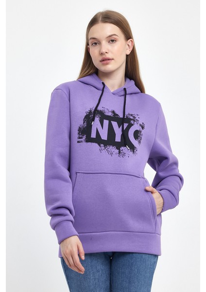 Kadın Kapşonlu Rahat Kalıp Içi Polarlı 3 Iplik Nyc Baskılı Sweatshırt SPR24SWK09 modelleri