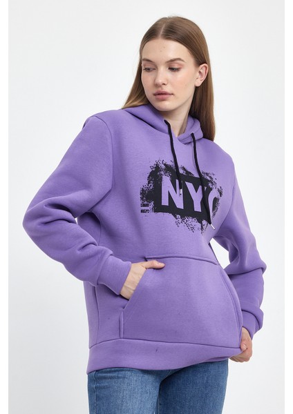 Kadın Kapşonlu Rahat Kalıp Içi Polarlı 3 Iplik Nyc Baskılı Sweatshırt SPR24SWK09 indirimleri