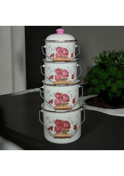 Emaye Bakraç Yoğurt Bakliyat Saklama Seti 16-18-20-22 cm 2 Lt 3 Lt 4 Lt 5 Lt Desenli