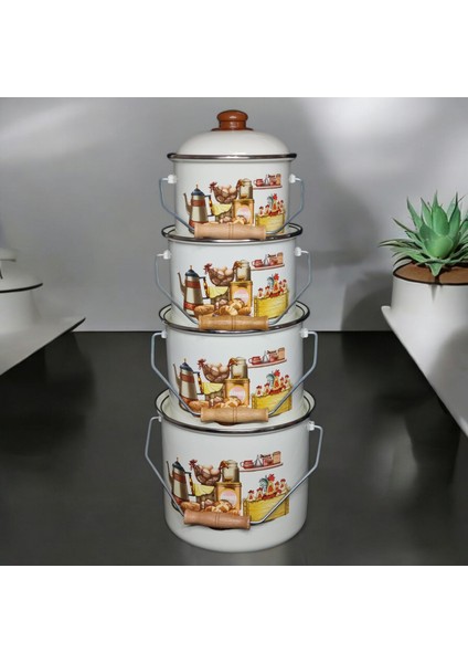 Emaye Bakraç Yoğurt Bakliyat Saklama Seti 16-18-20-22 cm 2 Lt 3 Lt 4 Lt 5 Lt Desenli