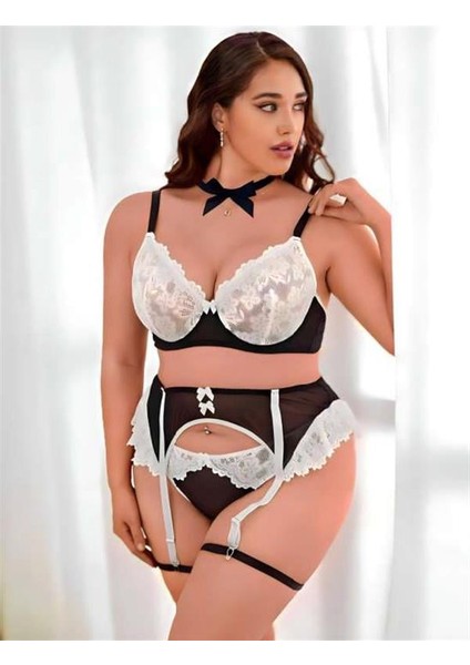 Arias Closet Büyük Beden Siyah Beyaz Dantel Işlemeli Fantezi Jartiyer Takımı