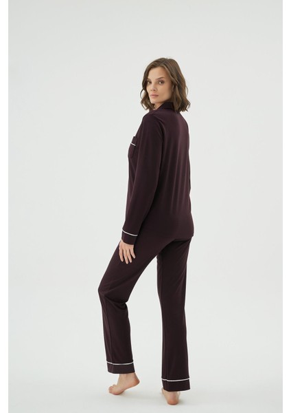 Kadın Koyu Mor Renk Uzun Kollu Gömlek Yaka Düğmeli Pijama Takımı C3T3N171 fırsatları