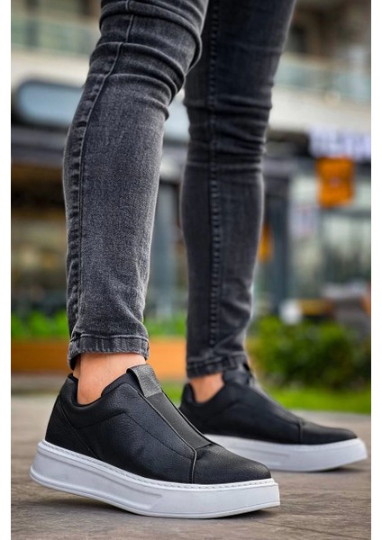 ZRN-007 Siyah Beyaz Yüksek Taban Tek Bant Bağcıksız Günlük Comfort Erkek Sneaker modelleri