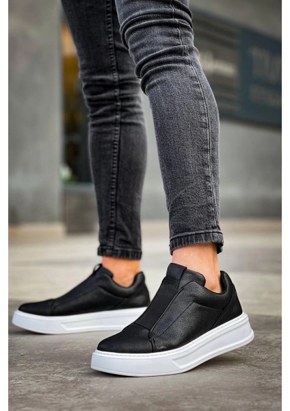 ZRN-007 Siyah Beyaz Yüksek Taban Tek Bant Bağcıksız Günlük Comfort Erkek Sneaker fırsatları