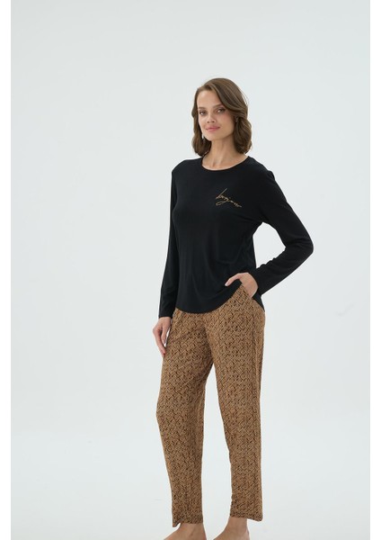 Kadın Siyah Renk Uzun Kollu Taş Işlemeli Desenli Alt Pijama Takımı C9T0N371 fiyatları