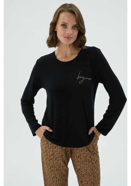 Kadın Siyah Renk Uzun Kollu Taş Işlemeli Desenli Alt Pijama Takımı C9T0N371 modelleri