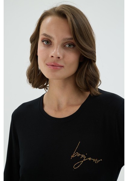 Kadın Siyah Renk Uzun Kollu Taş Işlemeli Desenli Alt Pijama Takımı C9T0N371 fırsatları