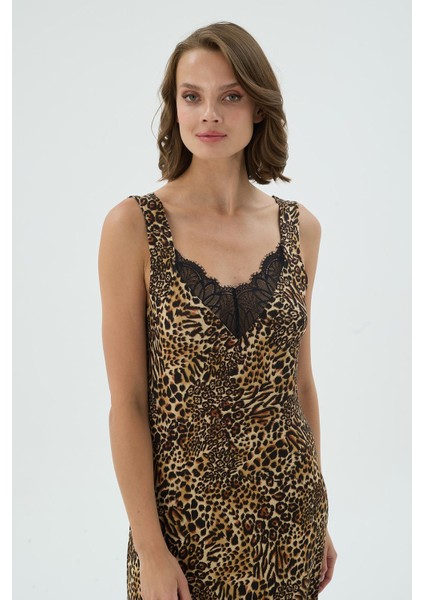 Kadın Leopar Desenli Kalın Askılı Dantel Yaka Maxi Boy Gecelik C9T1N371 fiyatları
