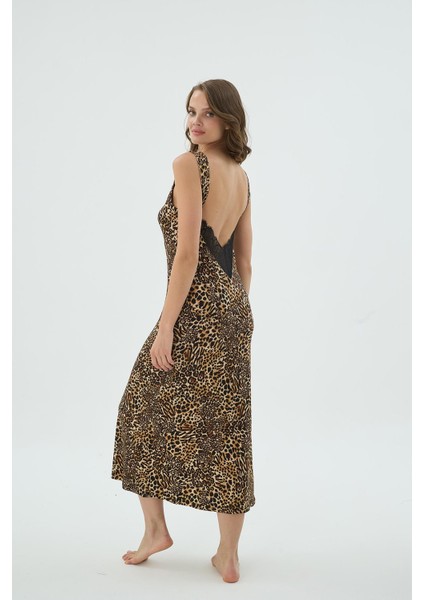 Kadın Leopar Desenli Kalın Askılı Dantel Yaka Maxi Boy Gecelik C9T1N371 fırsatları