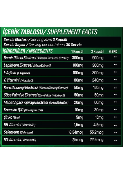 Rootforge - Bitkisel Performans Kompleksi (Tribulus, Maca, Ginseng, Çinko, Vitamin & Mineral) fiyatları