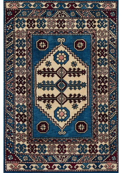 Mavi Göbekli Modern Etnik Desenli Halı | Makinada Yıkanabilir | Hav Toz Vermez | Leke Tutmayaz | Kaymaz Taban | Dijital Makine Baskı | Salon Yolluk Mutfak Halısı