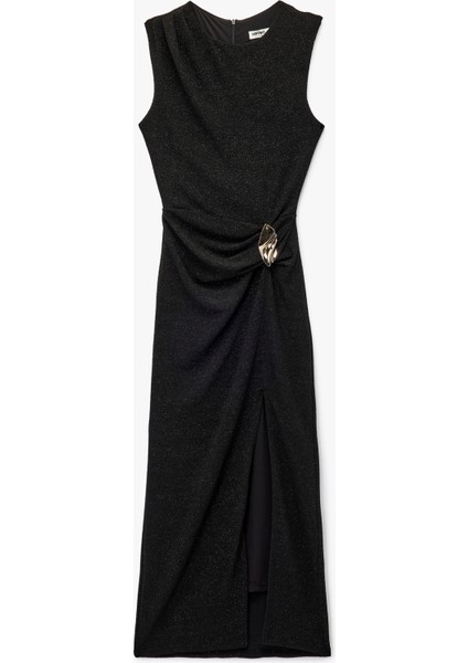 Bisiklet Yaka Yırtmaçlı Metal Aksesuarlı Simli Kolsuz Uzun Abiye Elbise