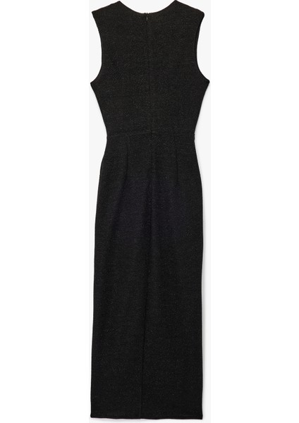 Bisiklet Yaka Yırtmaçlı Metal Aksesuarlı Simli Kolsuz Uzun Abiye Elbise fiyatları