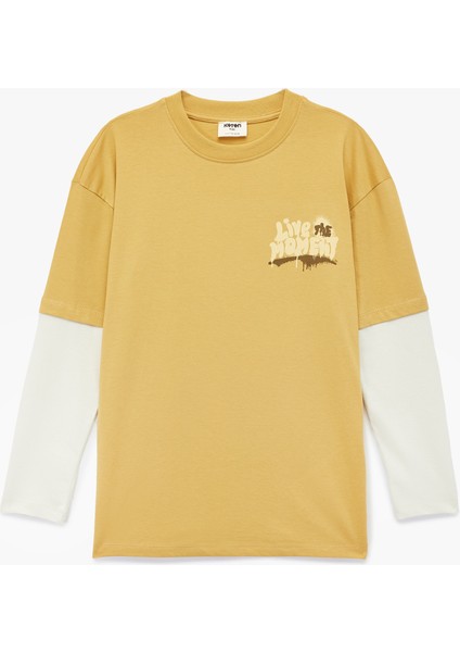 Pamuklu Uzun Kollu Bisiklet Yaka Baskılı Tişört