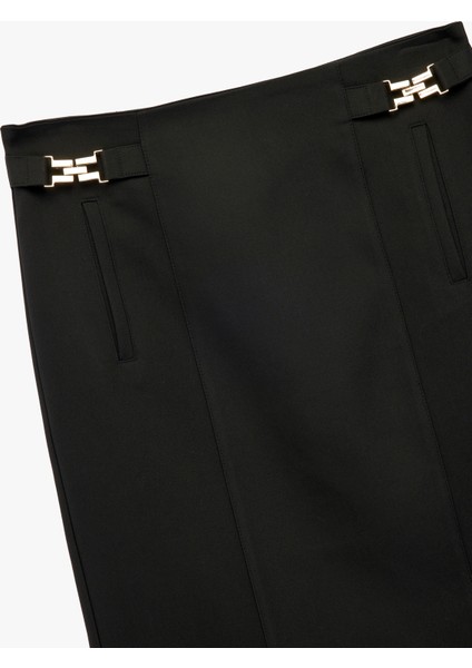 Metal Aksesuarlı Yırtmaçlı Cep Detaylı Yüksek Bel Midi Kalem Etek modelleri