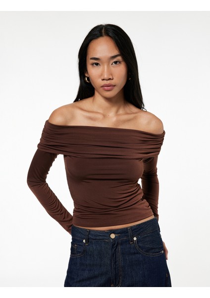 Slim Fit Uzun Kollu Drapeli Omzu Açık Tişört