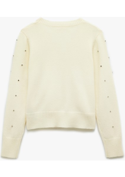 Uzun Kollu Kruvaze V Yaka Taşlı Triko Kazak fırsatları