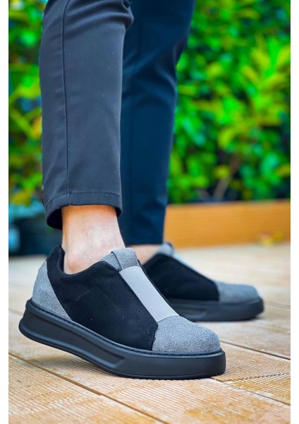ZRN-007 Siyah Gri Yüksek Taban Tek Bant Bağcıksız Günlük Comfort Erkek Sneaker