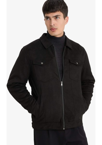 Slim Fit Dar Kesim Gömlek Yaka Fermuarlı İç Cepli Süet Mevsimlik Baharlık Ceket Mont A3254AX25AU