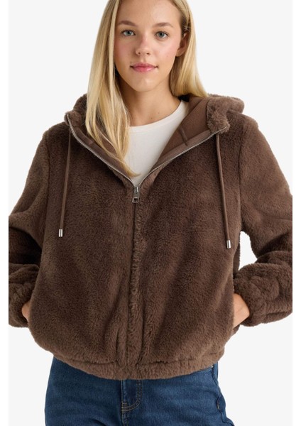 Regular Fit Polar Astarlı Kapüşonlu Fermuarlı Suni Kürk F2148AX25WN