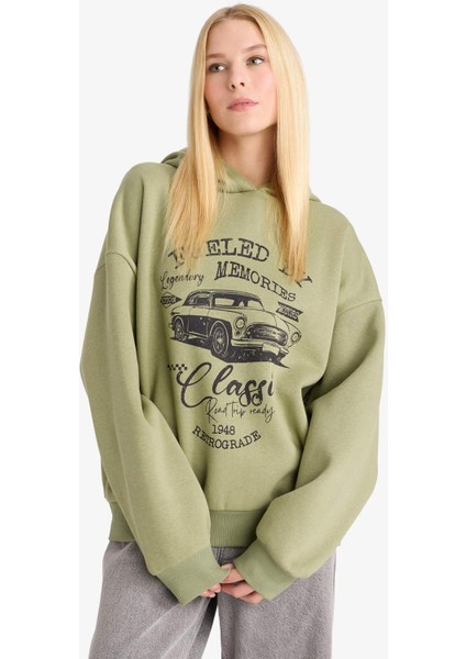 Overshirt Fit Kapüşonlu Baskılı Sweatshirt F9432AX25WN fırsatları