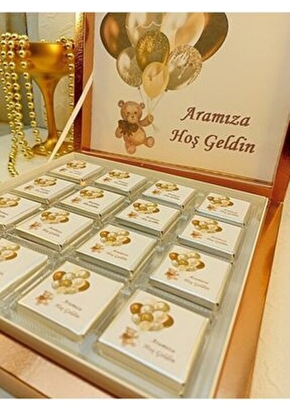 İsme Özel Balonlu Bebek Çikolatası 48 Adet Elit Sütlü Madlen Şık Kutuda