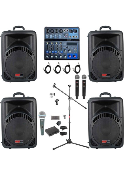 Ample Center Paket-4 Aktif Hoparlör ve Mixer Full Ses Sistemi Seti