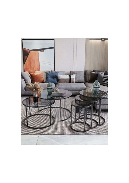 Milas Modern Orta ve Zigon Sehpa Seti Füme Cam ve Metal 5 Parça 80 cm modelleri
