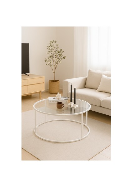 Beyaz Modern Orta Sehpa Cam Üst Yüzeyli 80 cm Yuvarlak Tasarım fırsatları