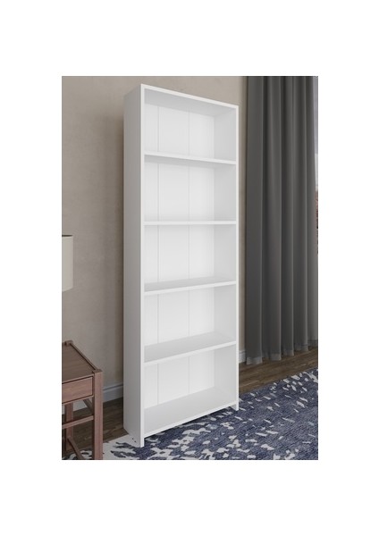 5 Raflı Kitaplık Beyaz Suntalam Klasik Tasarım 169 cm Yükseklik 56 cm Genişlik