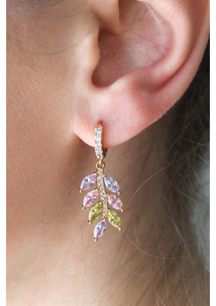 Vip Çelik Renkli Zirkon Taşlı Yaprak Model Sallantılı Küpe