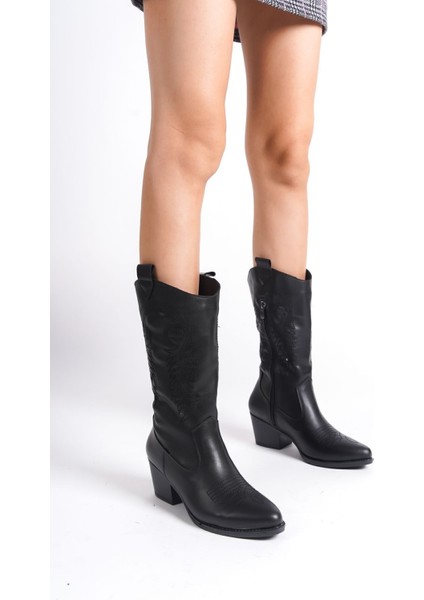 El Yapımı Siyah Topuklu Kadın Fermuarlı Kovboy Çizme Sivri Burunlu Nakış Desen Detaylı Cilt