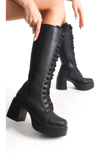 Kalın Yüksek Topuklu Fermuarlı Diz Altı Sade Bağcıklı Siyah Kadın Çizme