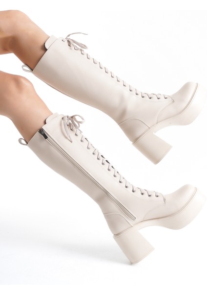 Kalın Yüksek Topuklu Fermuarlı Diz Altı Sade Bağcıklı Kadın Krem Çizme