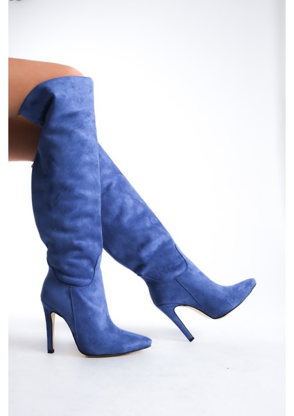 İnce Yüksek Topuklu Süet Mavi Diz Üstü Kadın Uzun Çizme