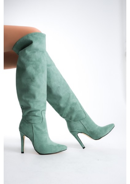 Ince Yüksek Topuklu Süet Diz Üstü Kadın Uzun Çizme