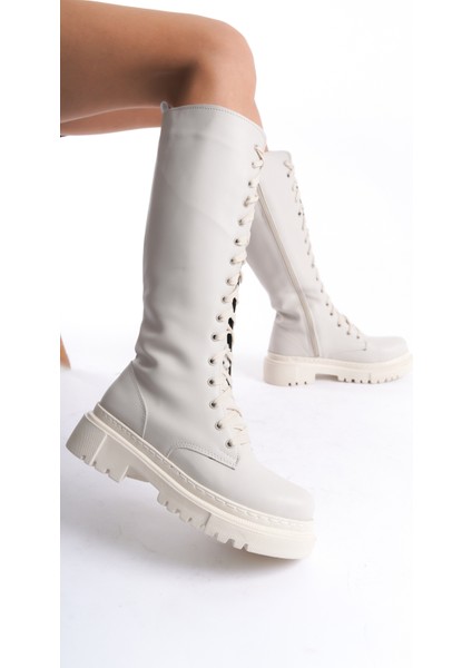 Alçak Topuklu Fermuarlı Diz Altı Sade Bağcıklı Krem Kadın Çizme