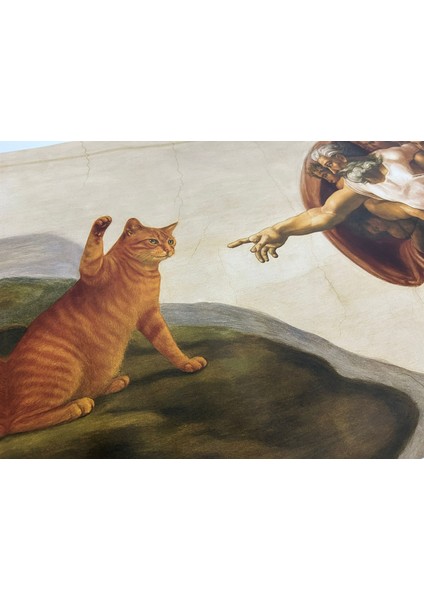 Tanrı’nın Eli ve Kedi Kanvas Tablo – Modern Sanat, Mizahi Dekoratif Duvar Tablosu