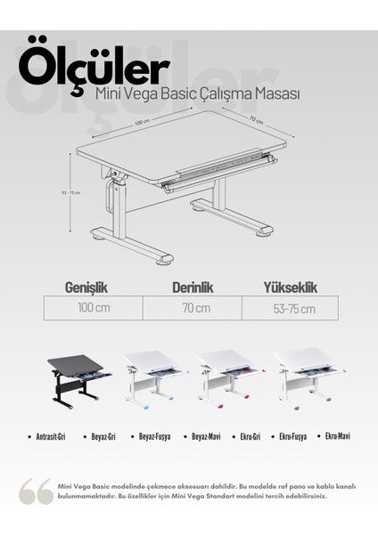 Mini Basic Çekmeceli Çalışma Masası, Yükseklik Ayarlı Çalışma Masası, Kız-Erkek Çocuk Beyaz Ders Çalışma Masası