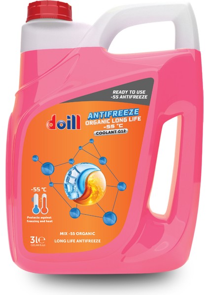 -55 Derece Hazır Karışım 3 Litre Kırmızı Organik Antifriz - G12 (Üretim Yılı: 2025)