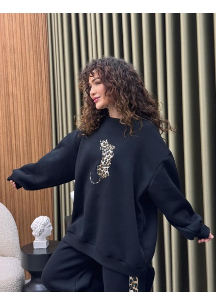Leopar Nakışlı Şardonlu Ikili Pantolonlu Takım - Kadın Eşofman Takımı fiyatları