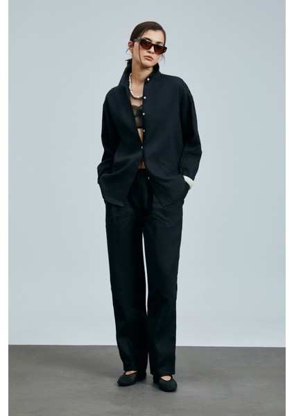 Navasa Kadın Keten Pantolon Siyah